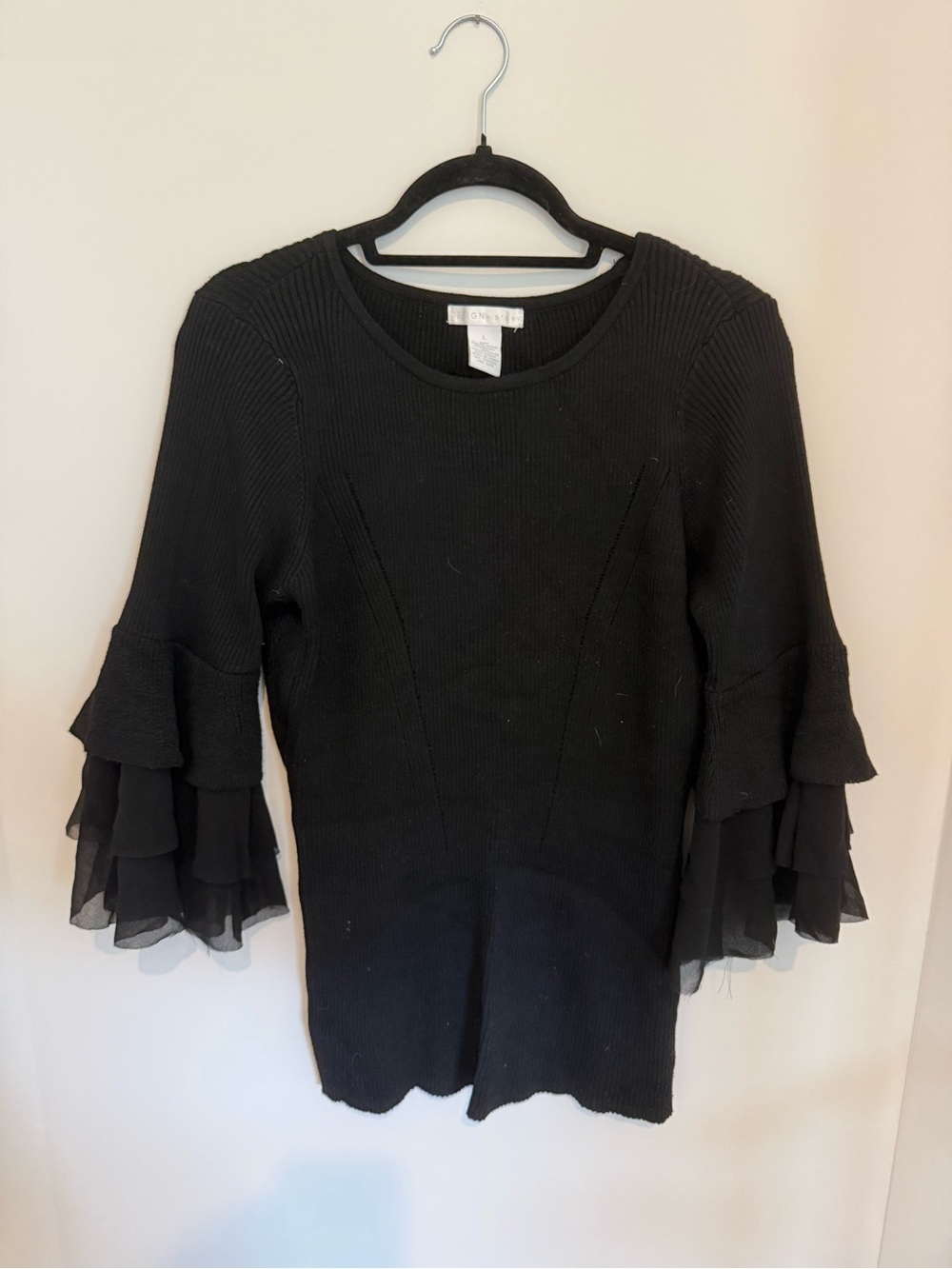 Design History Black Ribbed Top with Tiered Ruffle Sleeves